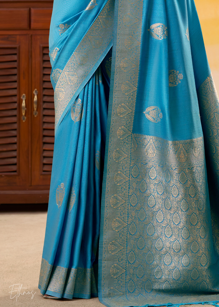 Aqua Blue Tusser Silk Saree