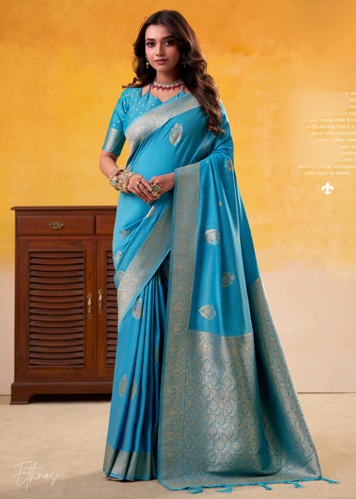 Aqua Blue Tusser Silk Saree