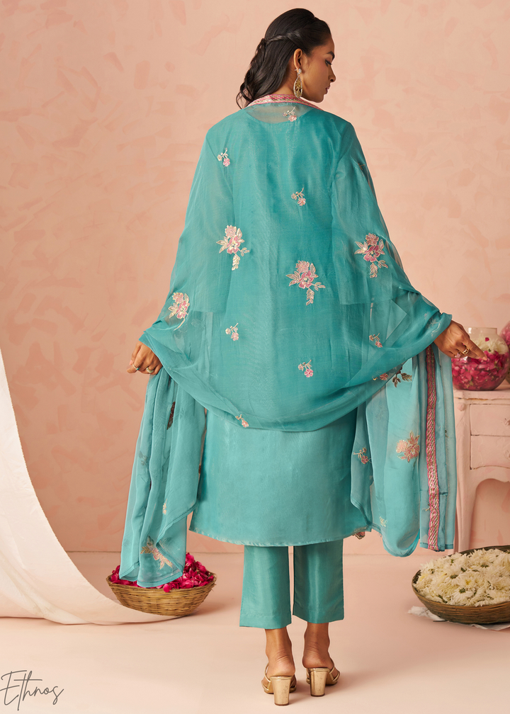 Aqua Blue Zari-Santoon Palazzo Suit