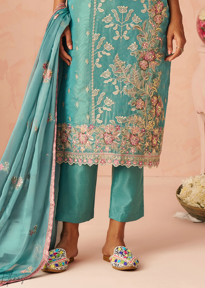 Aqua Blue Zari-Santoon Palazzo Suit