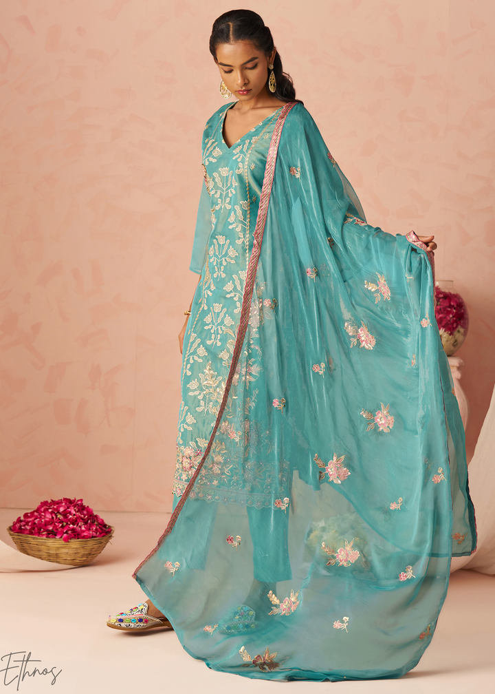 Aqua Blue Zari-Santoon Palazzo Suit