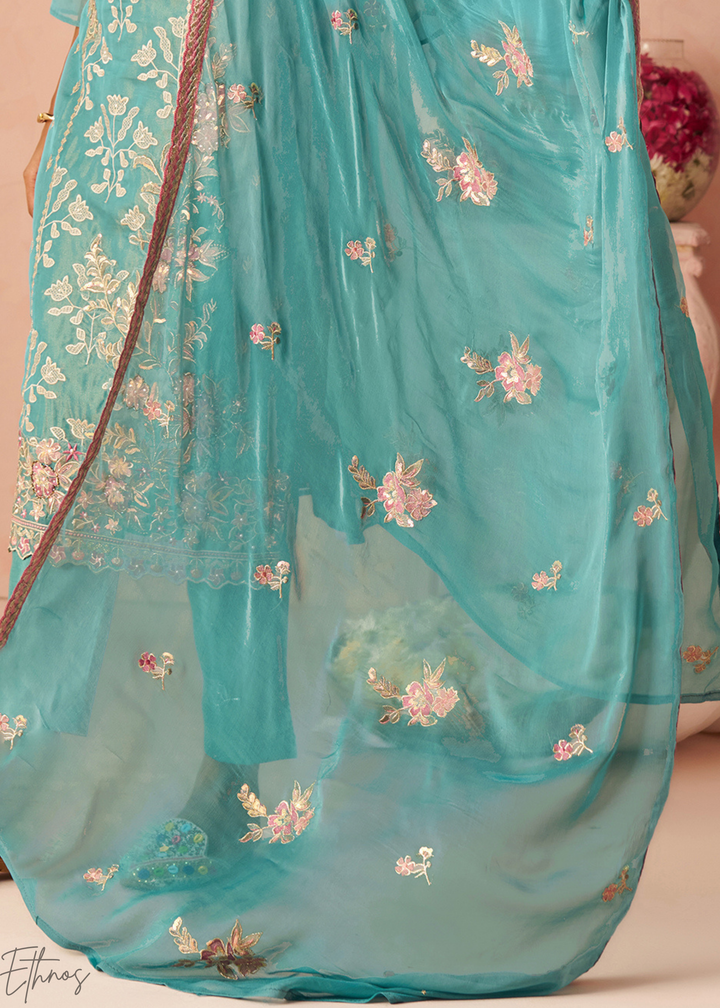 Aqua Blue Zari-Santoon Palazzo Suit