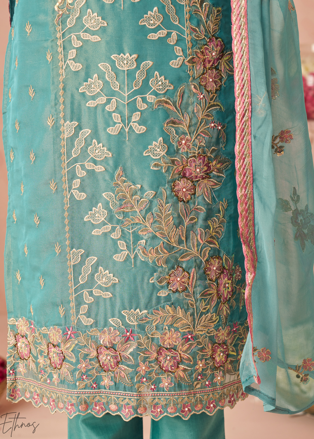 Aqua Blue Zari-Santoon Palazzo Suit
