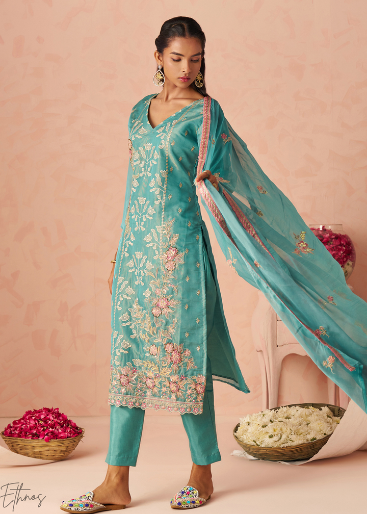 Aqua Blue Zari-Santoon Palazzo Suit