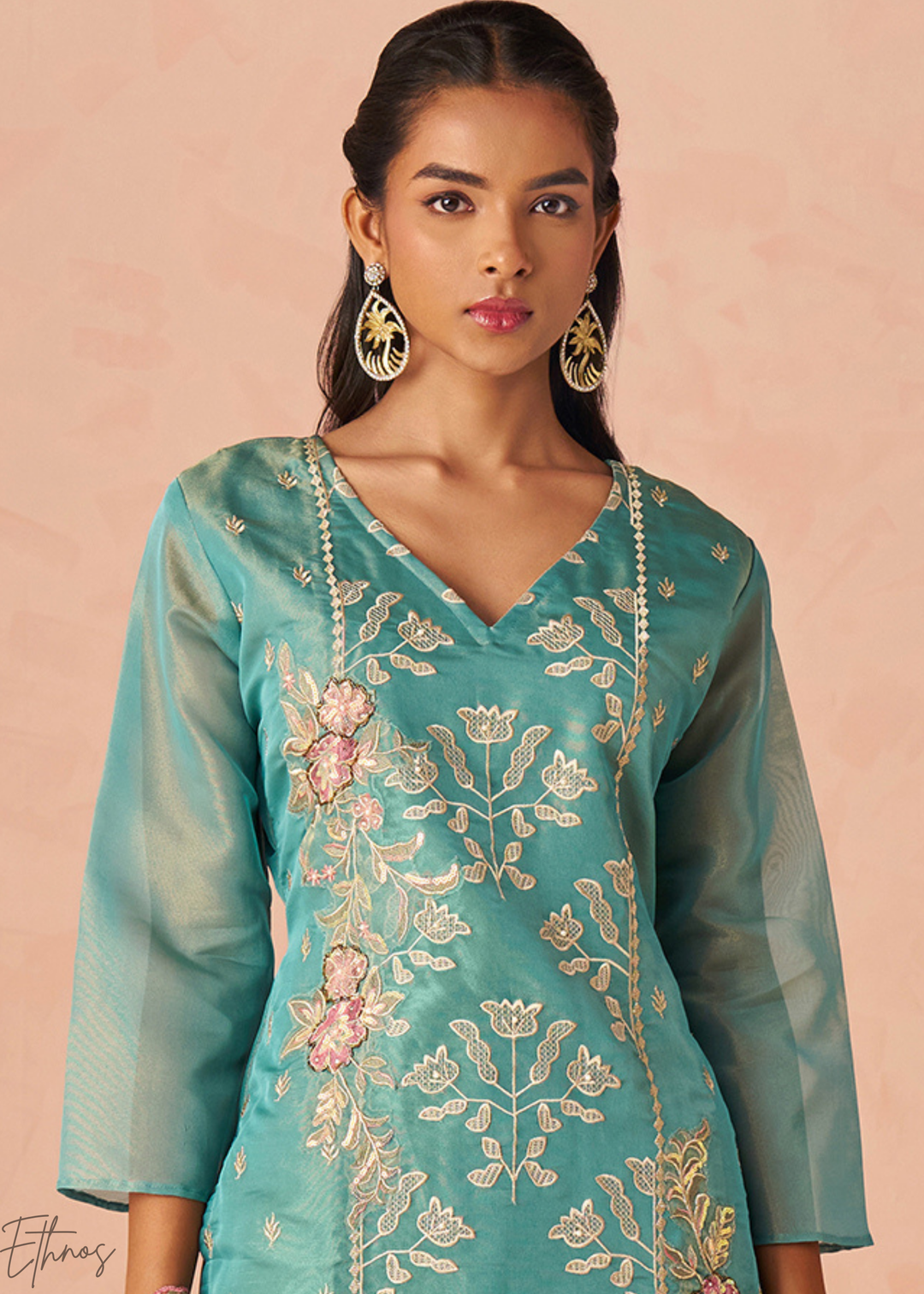 Aqua Blue Zari-Santoon Palazzo Suit