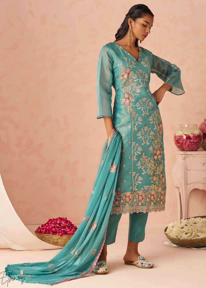Aqua Blue Zari-Santoon Palazzo Suit