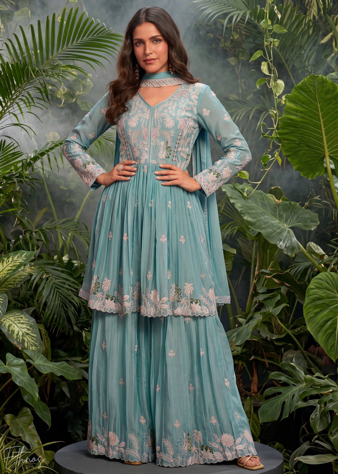 Aqua Floral Embroidered Chinon Peplum  Anarkali Sharara Suit