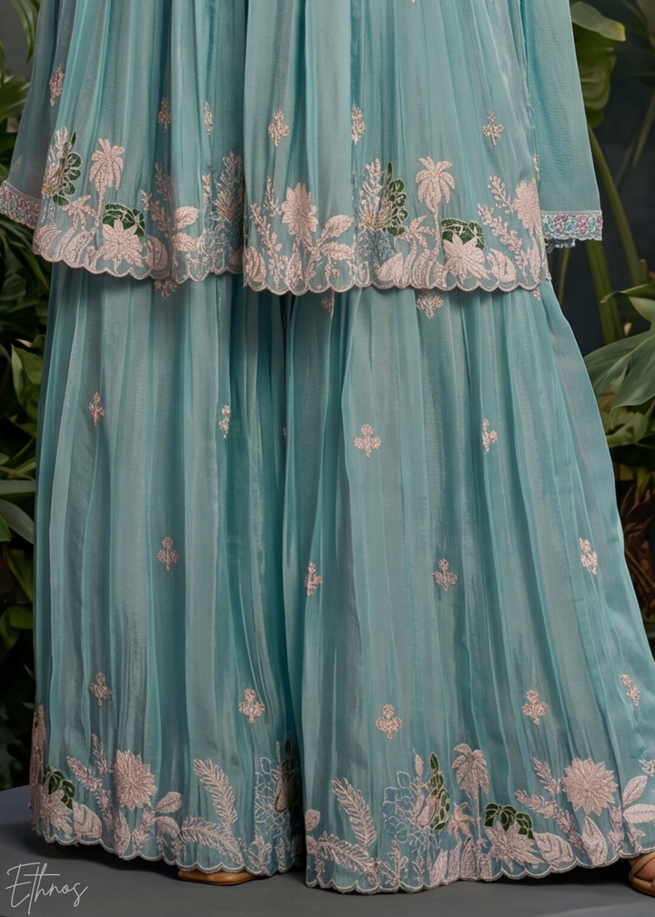 Aqua Floral Embroidered Chinon Peplum  Anarkali Sharara Suit