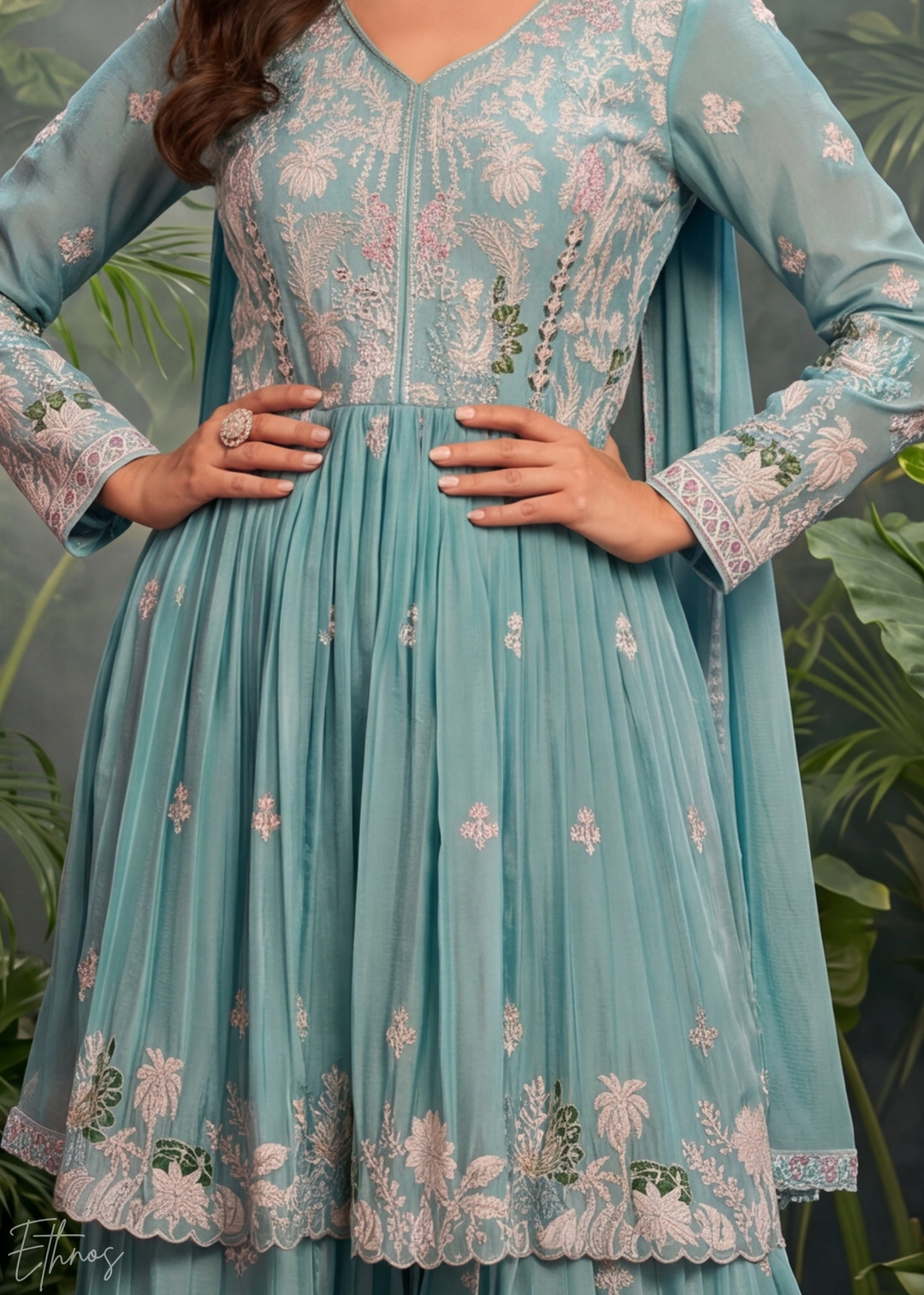 Aqua Floral Embroidered Chinon Peplum  Anarkali Sharara Suit