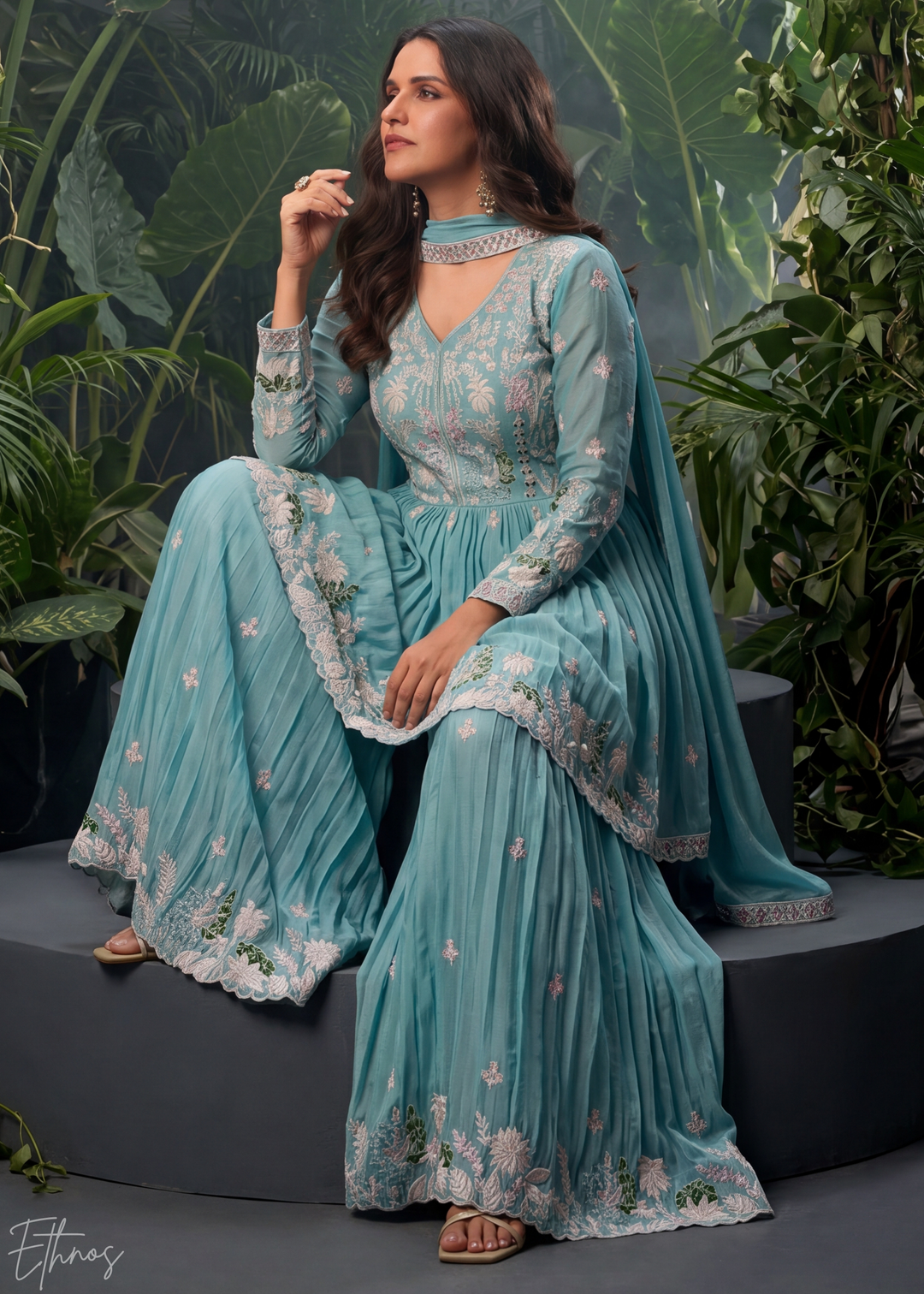 Aqua Floral Embroidered Chinon Peplum  Anarkali Sharara Suit