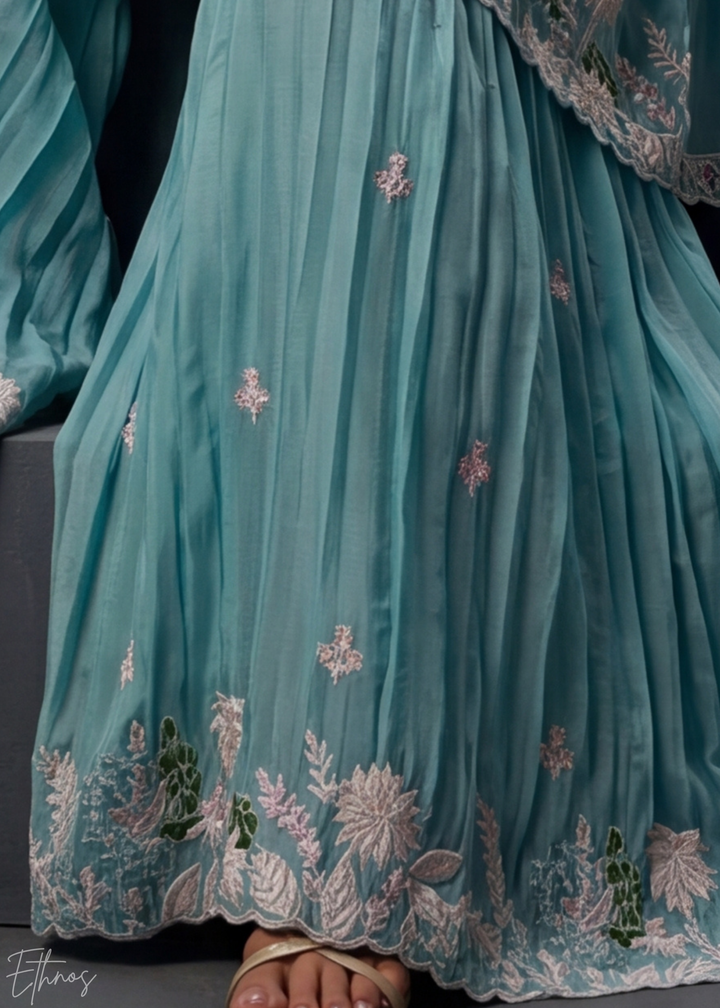 Aqua Floral Embroidered Chinon Peplum  Anarkali Sharara Suit