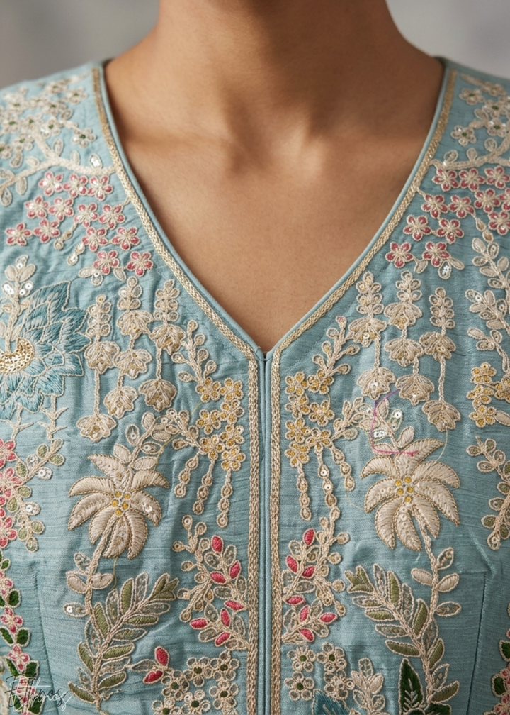 Aqua Floral Embroidered Chinon Peplum  Anarkali Sharara Suit