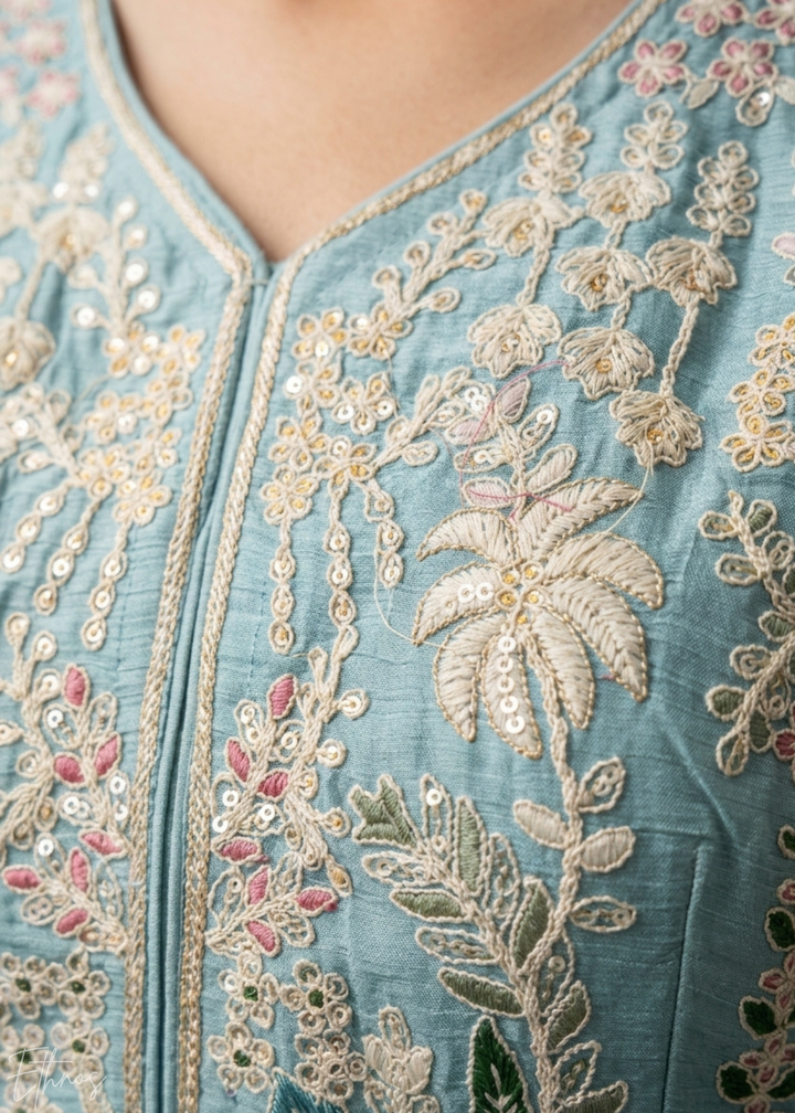 Aqua Floral Embroidered Chinon Peplum  Anarkali Sharara Suit