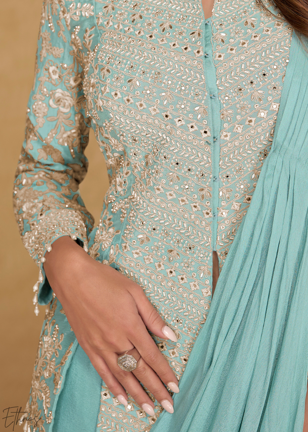 Aqua Green Embroidered Jacket Chinon Saree Skirt Set