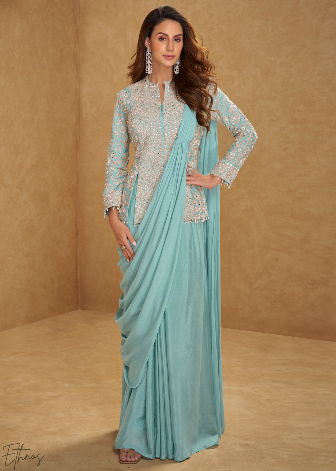 Aqua Green Embroidered Jacket Chinon Saree Skirt Set