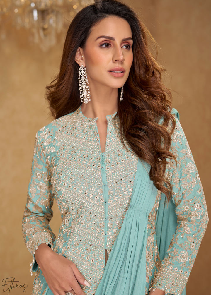 Aqua Green Embroidered Jacket Chinon Saree Skirt Set