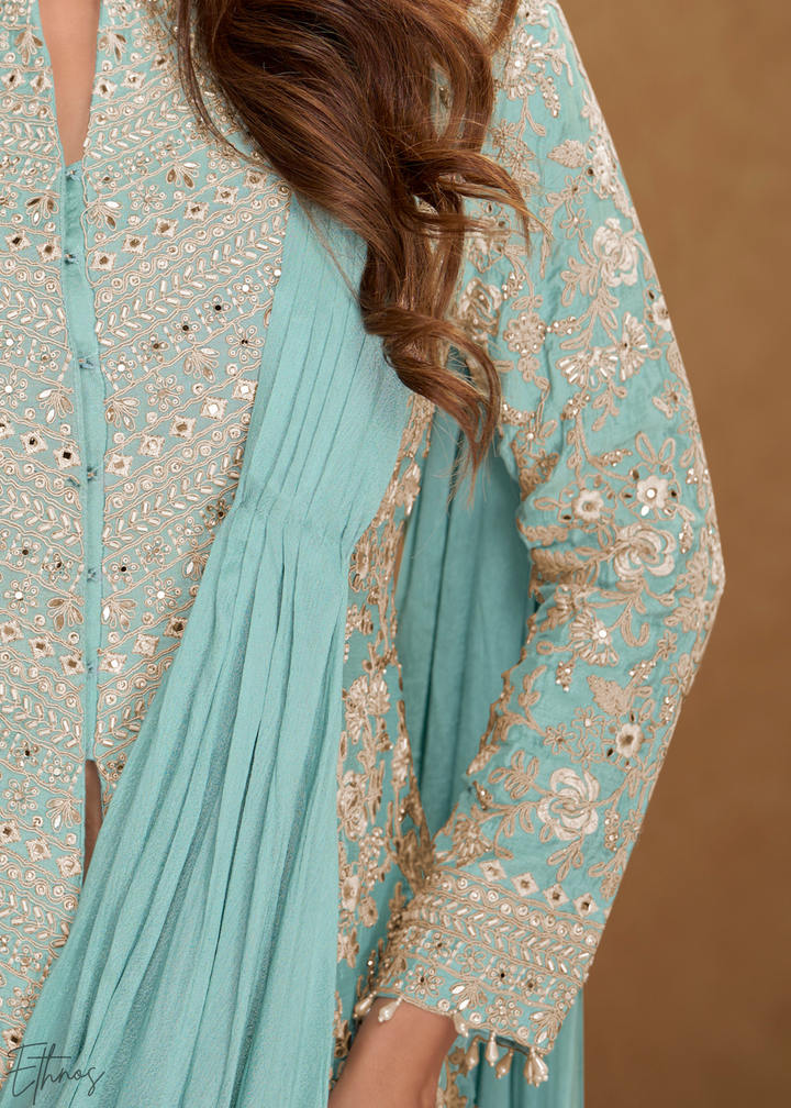 Aqua Green Embroidered Jacket Chinon Saree Skirt Set