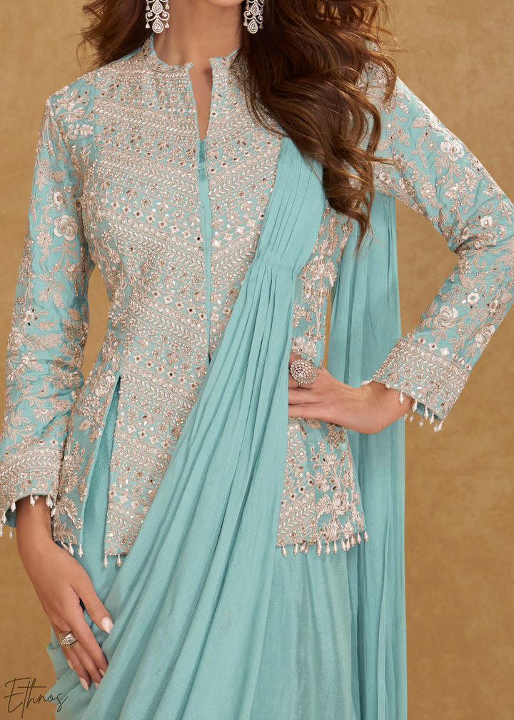 Aqua Green Embroidered Jacket Chinon Saree Skirt Set