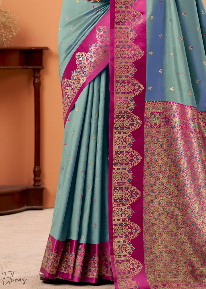 Aqua Blue Satin Silk Saree