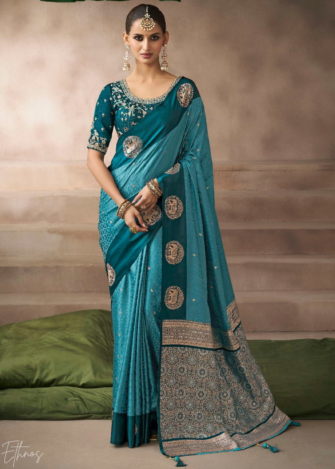 Aqua Blue Satin Silk Saree