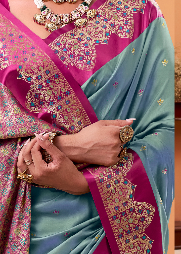 Aqua Blue Satin Silk Saree