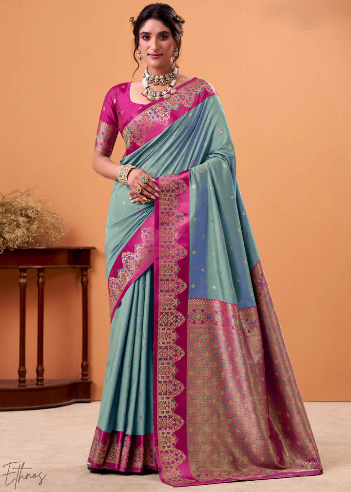 Aqua Blue Satin Silk Saree