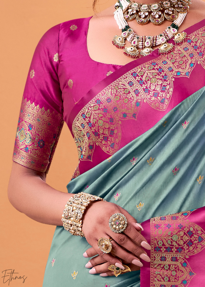 Aqua Blue Satin Silk Saree