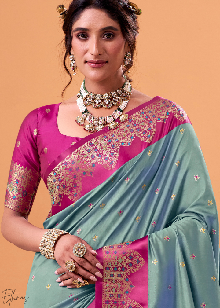 Aqua Blue Satin Silk Saree