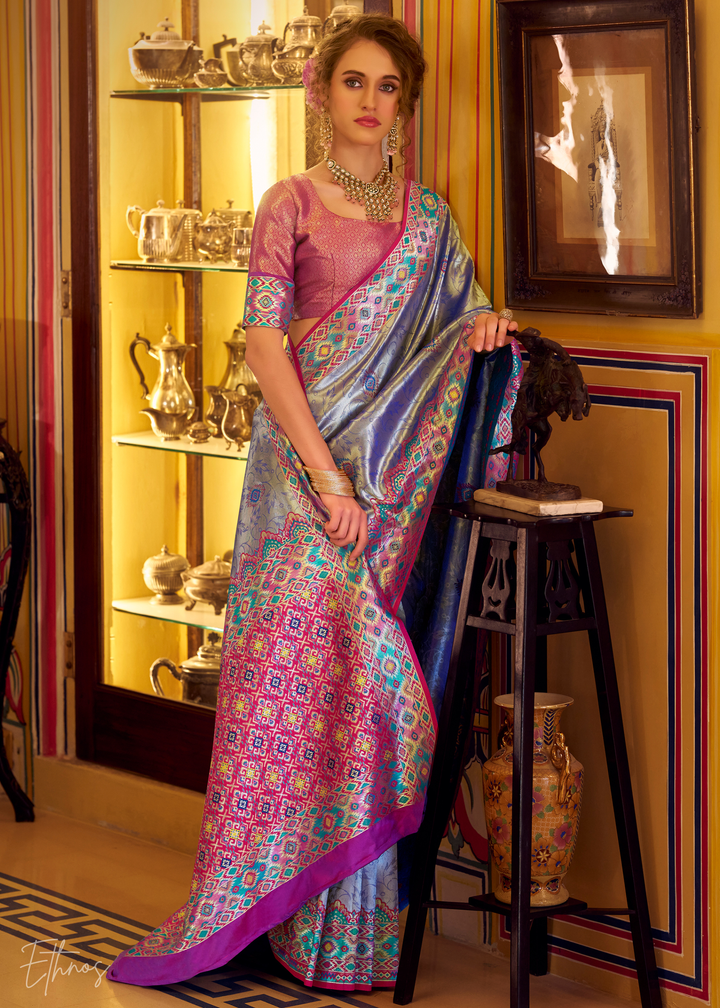 Aqua Blue Tissue Patola Silk Saree