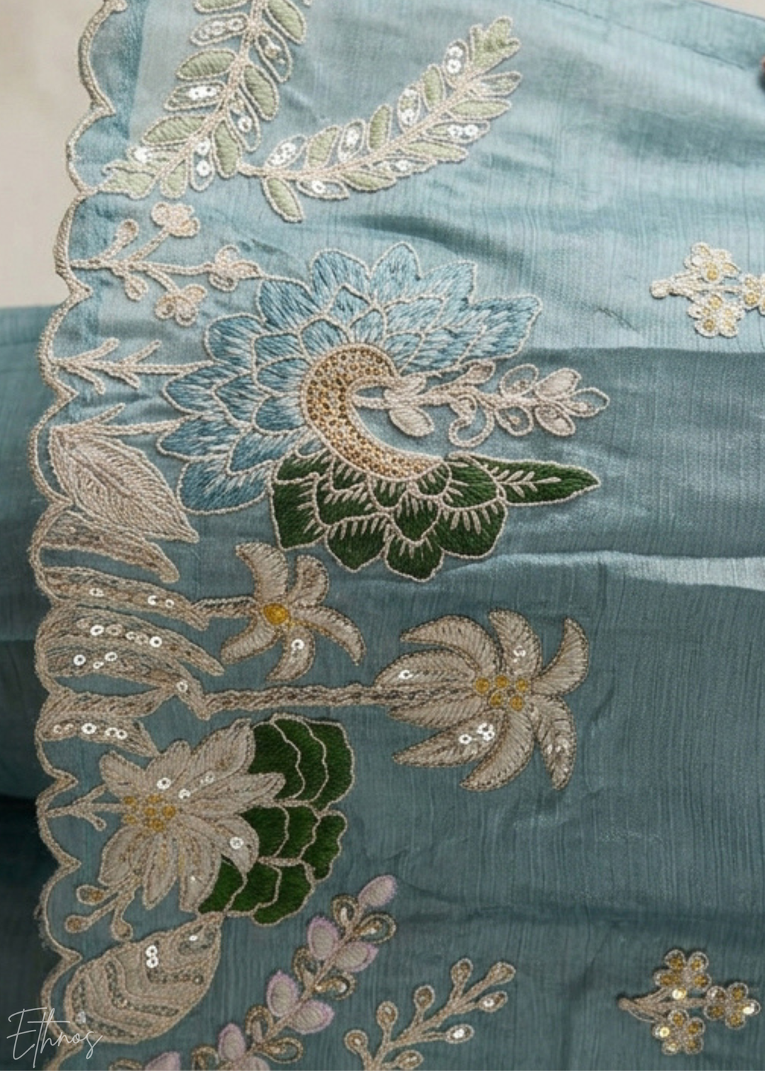 Aqua Floral Embroidered Chinon Peplum  Anarkali Sharara Suit