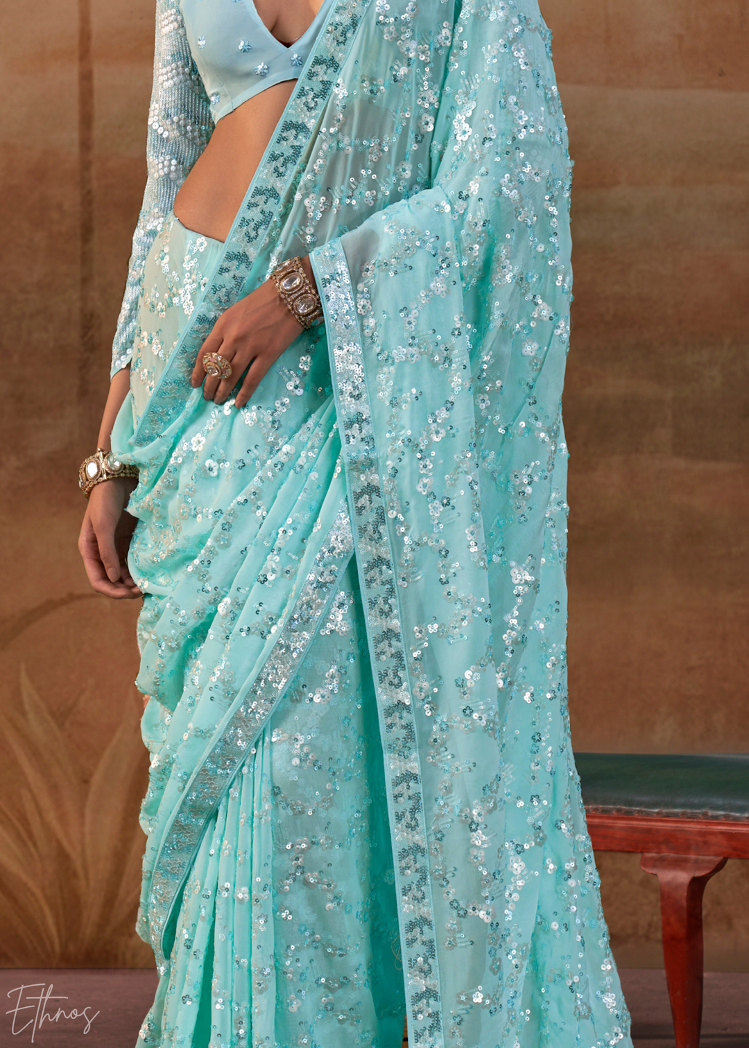 Aquamarine Blue Iridescent Sequin Blossom Georgette Saree