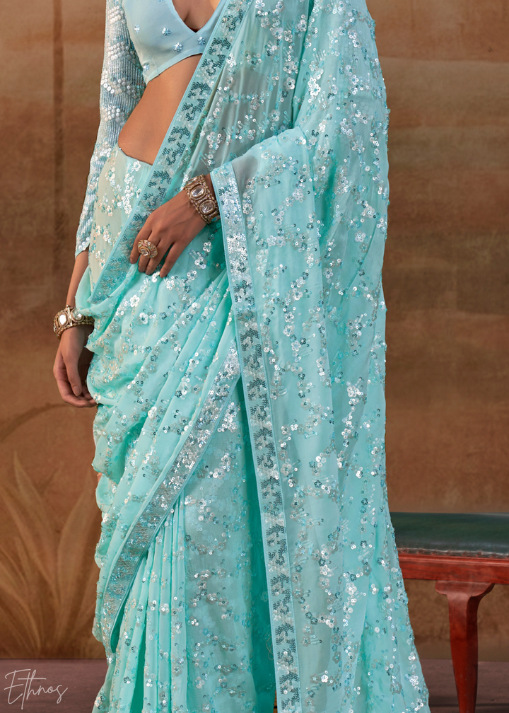 Aquamarine Blue Iridescent Sequin Blossom Georgette Saree