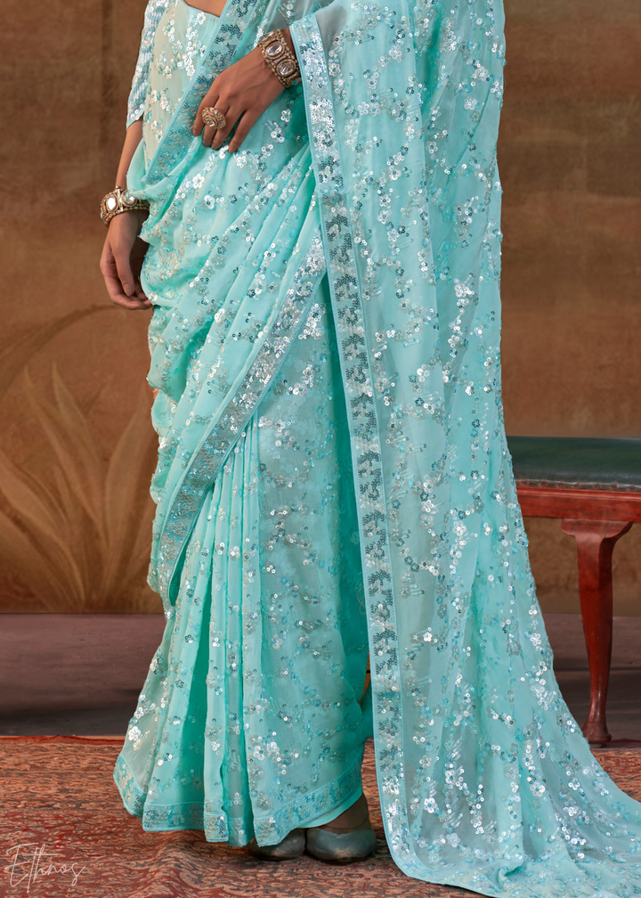 Aquamarine Blue Iridescent Sequin Blossom Georgette Saree