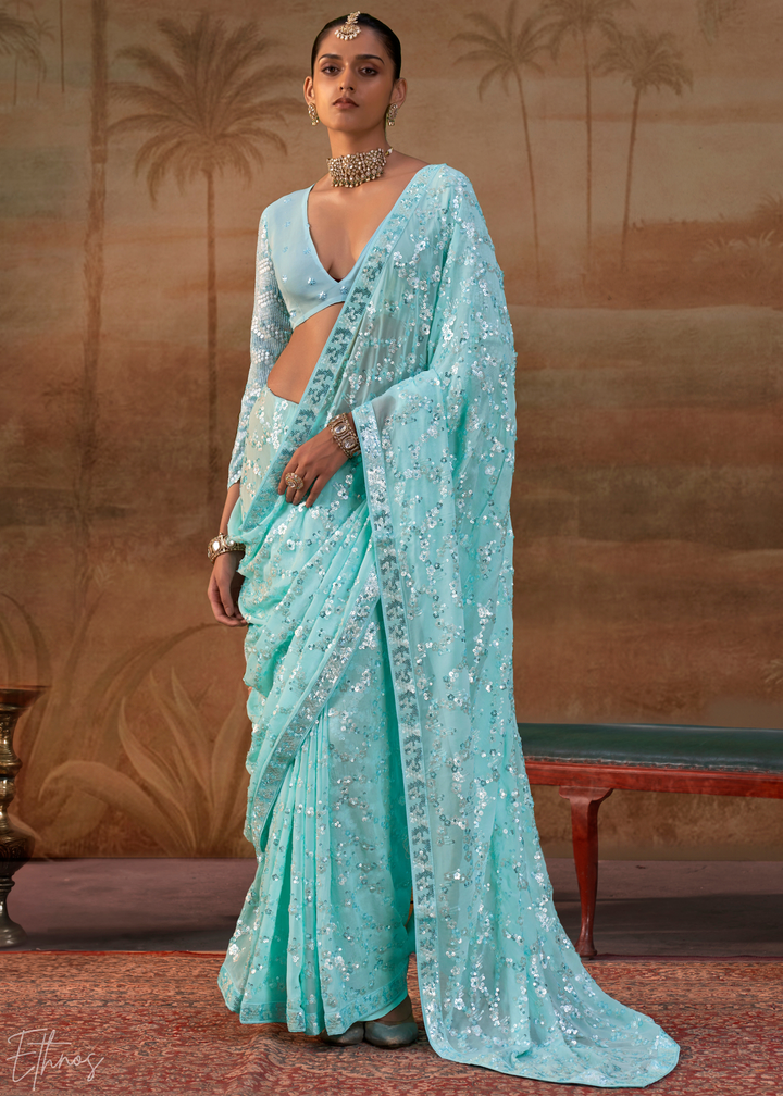Aquamarine Blue Iridescent Sequin Blossom Georgette Saree