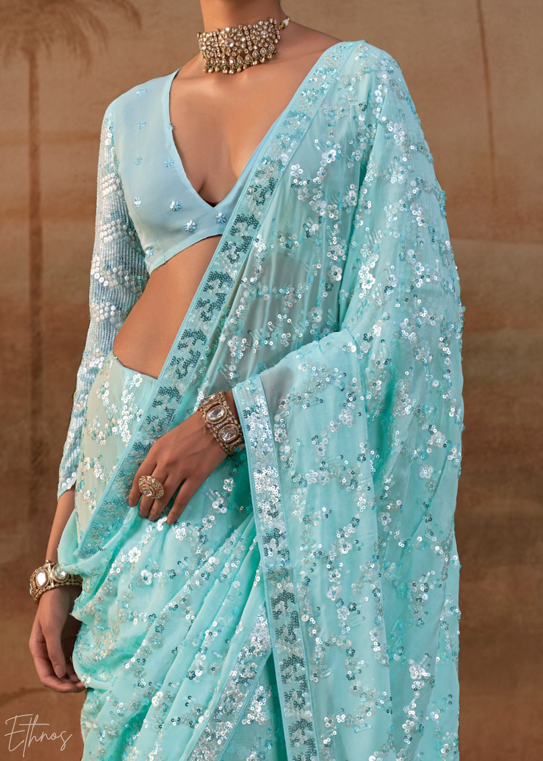 Aquamarine Blue Iridescent Sequin Blossom Georgette Saree