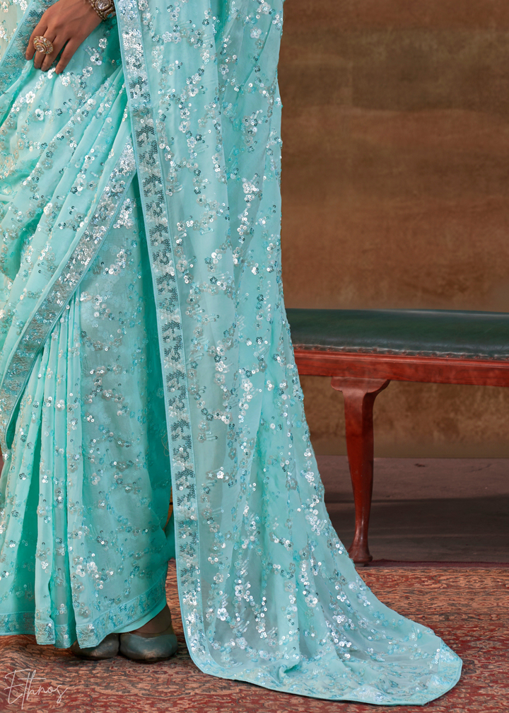 Aquamarine Blue Iridescent Sequin Blossom Georgette Saree