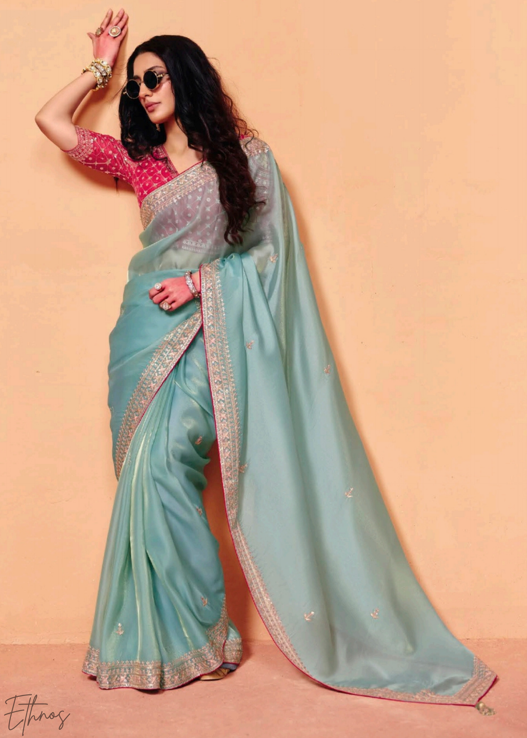 Aquamarine Frost-Bloom Tissue Silk Saree