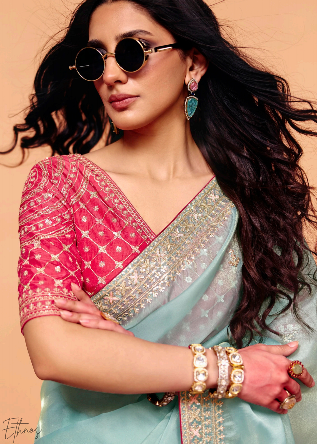 Aquamarine Frost-Bloom Tissue Silk Saree