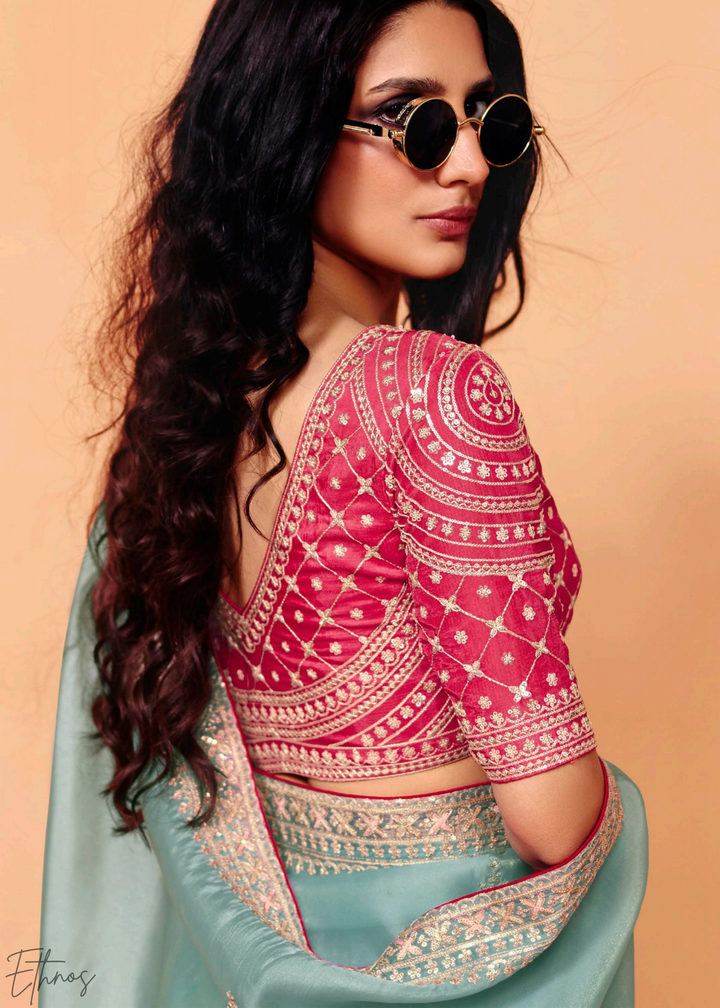 Aquamarine Frost-Bloom Tissue Silk Saree