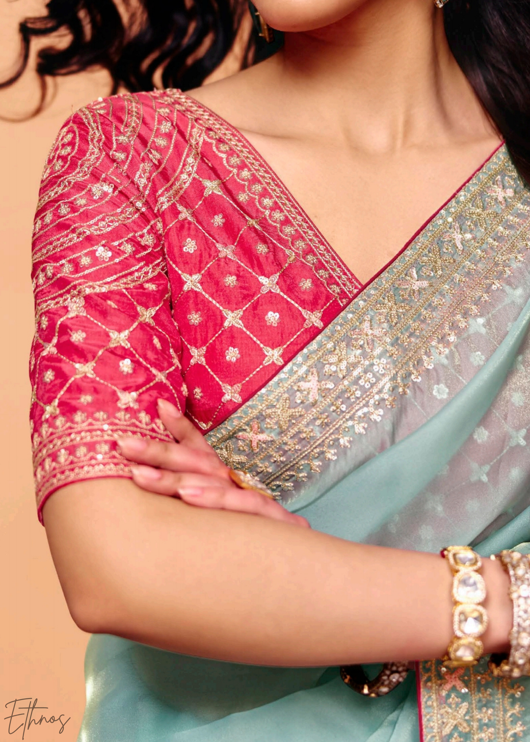 Aquamarine Frost-Bloom Tissue Silk Saree