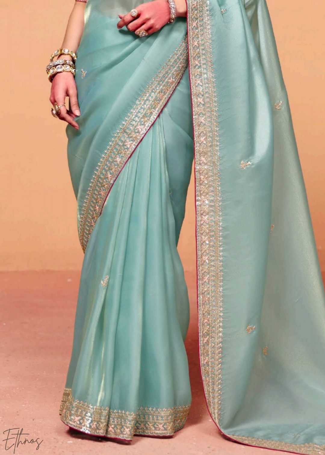 Aquamarine Frost-Bloom Tissue Silk Saree