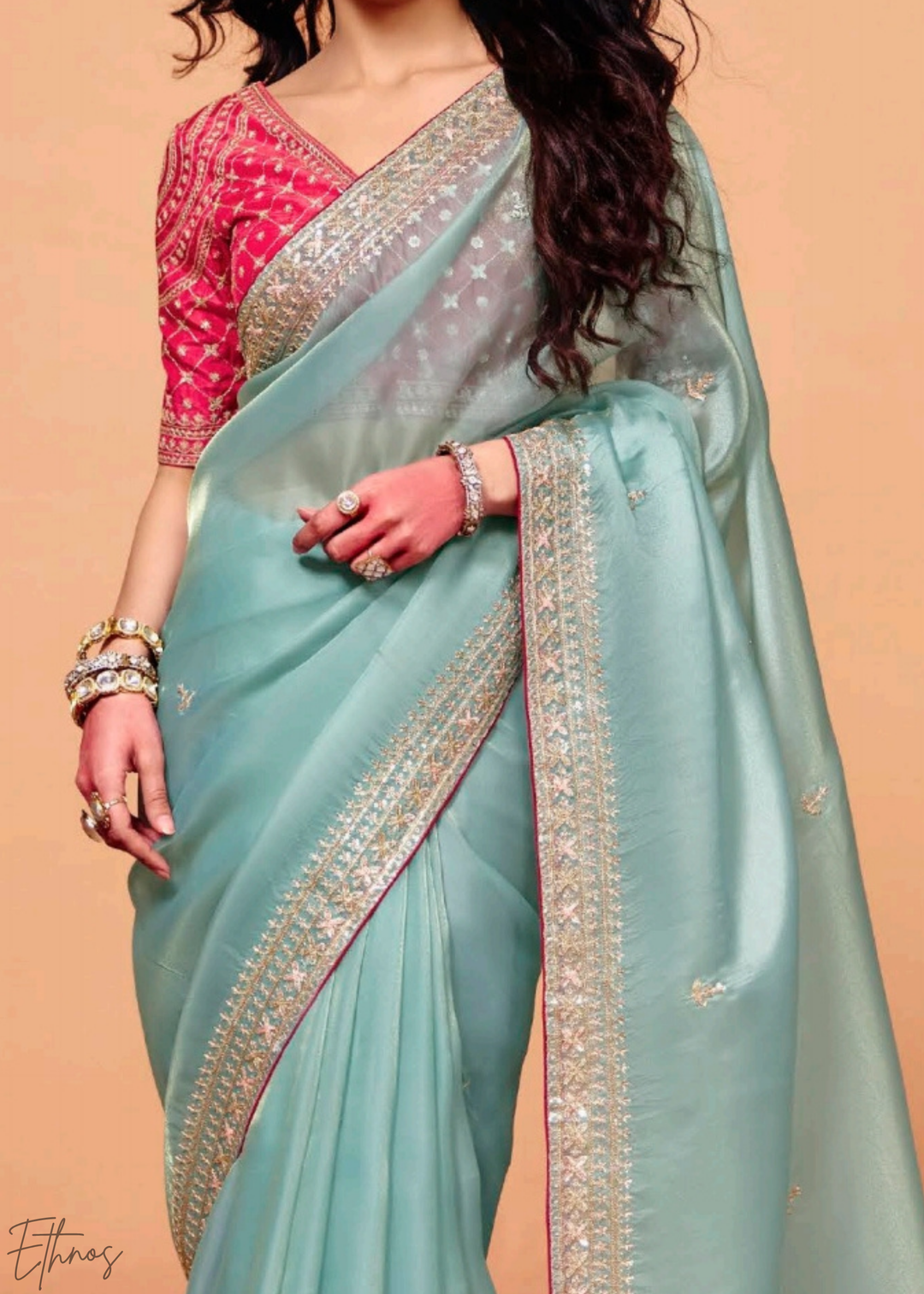 Aquamarine Frost-Bloom Tissue Silk Saree