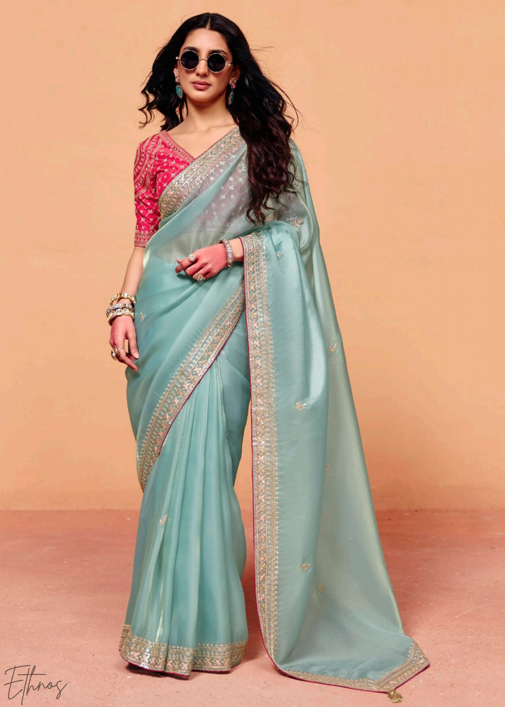 Aquamarine Frost-Bloom Tissue Silk Saree