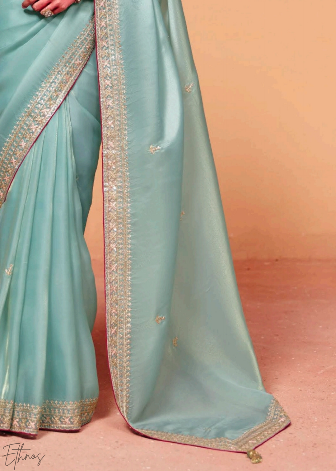 Aquamarine Frost-Bloom Tissue Silk Saree