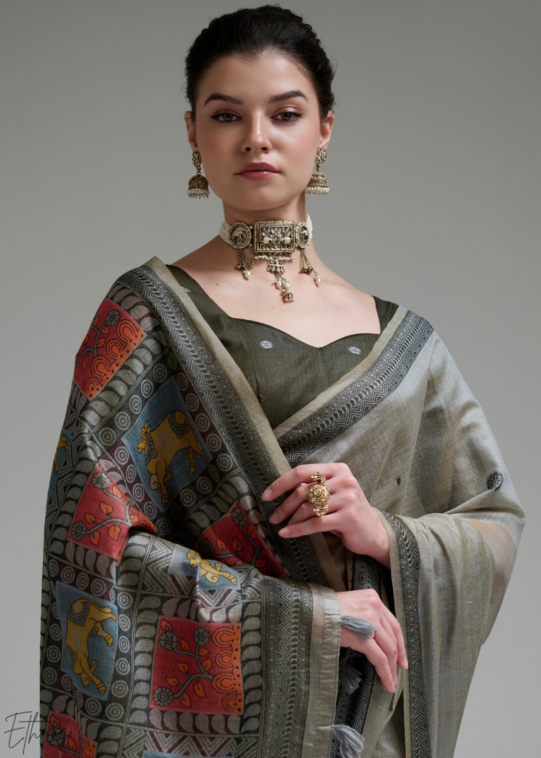 Ash Grey Geometric Block Printed Jamdani Cotton Saree