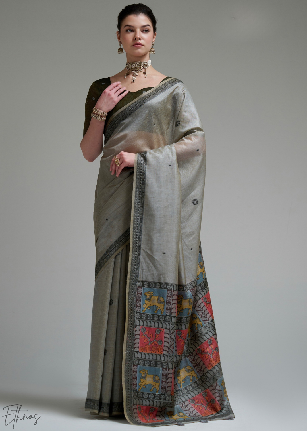 Ash Grey Geometric Block Printed Jamdani Cotton Saree