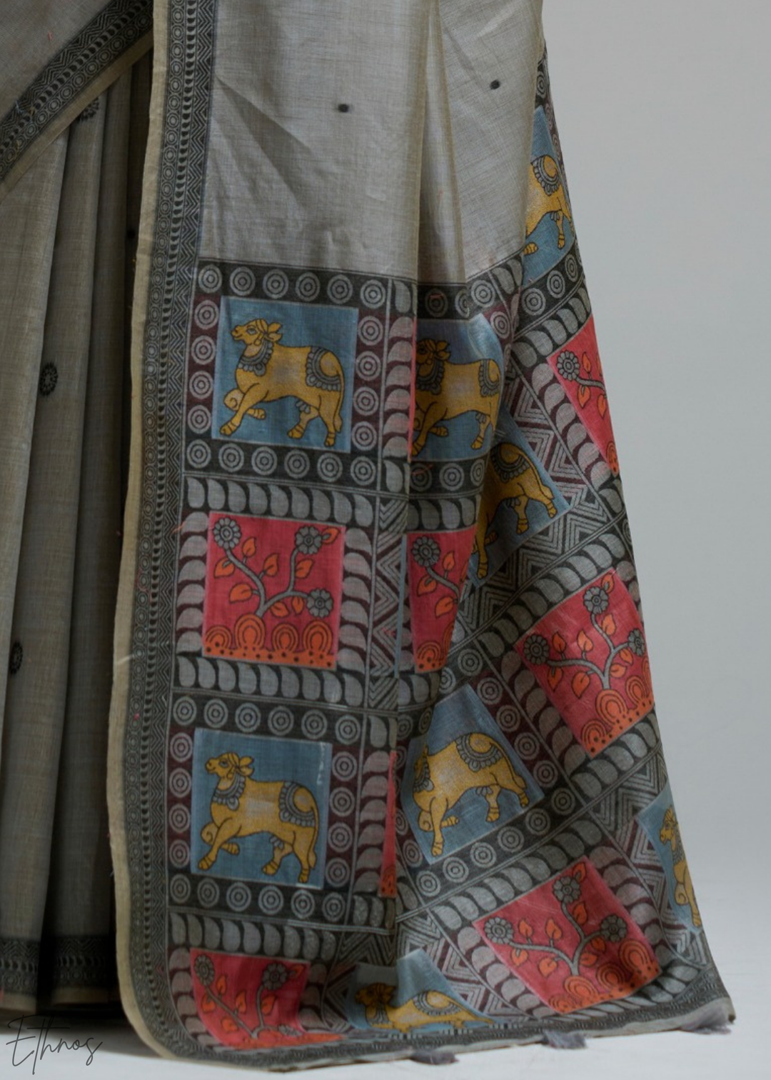 Ash Grey Geometric Block Printed Jamdani Cotton Saree