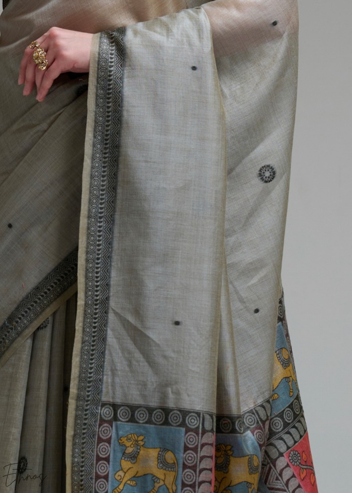 Ash Grey Geometric Block Printed Jamdani Cotton Saree