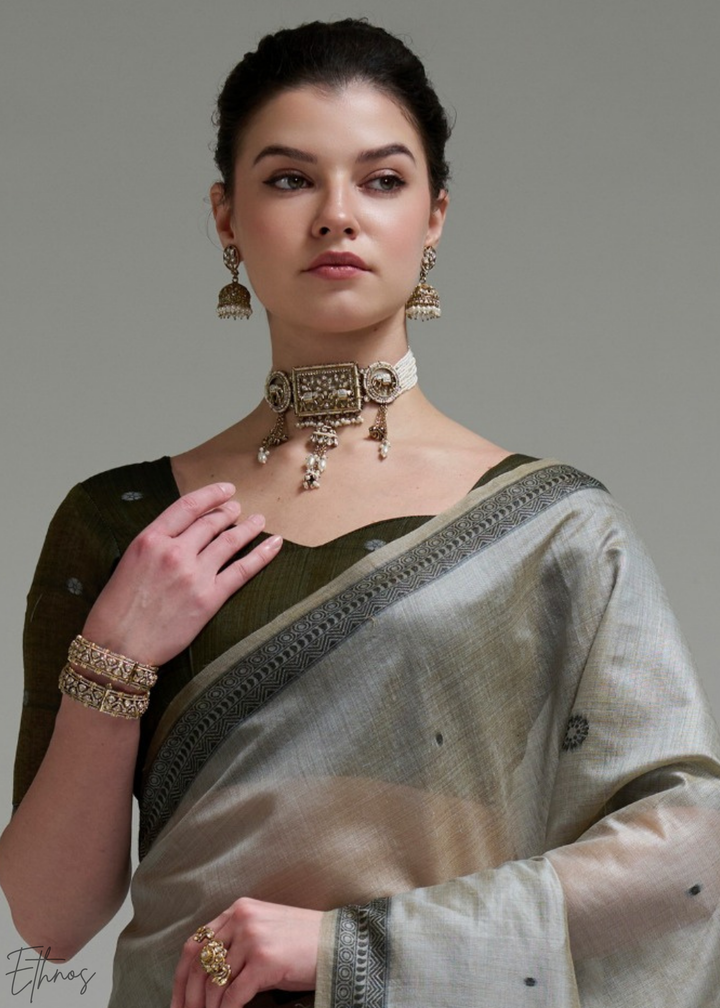 Ash Grey Geometric Block Printed Jamdani Cotton Saree