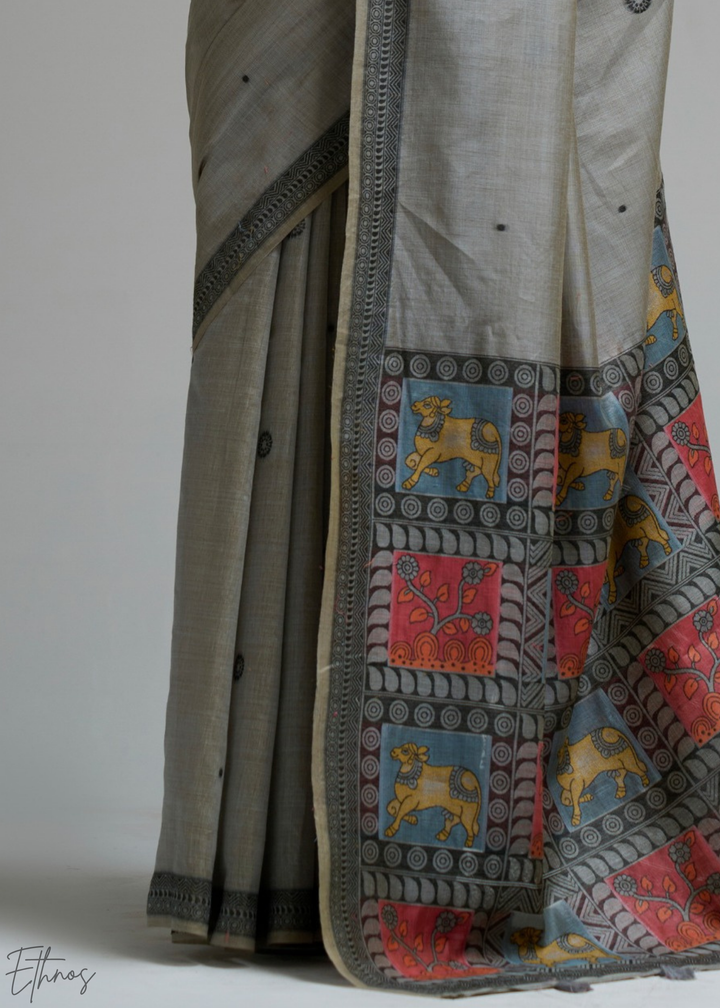 Ash Grey Geometric Block Printed Jamdani Cotton Saree